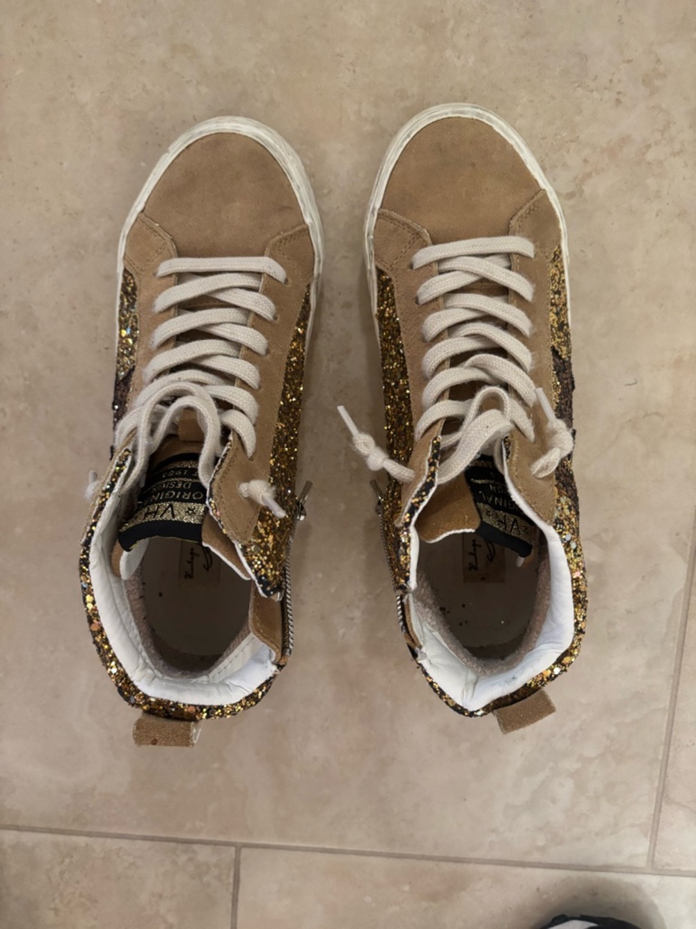 Vintage Havana Tan Suede High-Top Sneakers with Gold Glitter